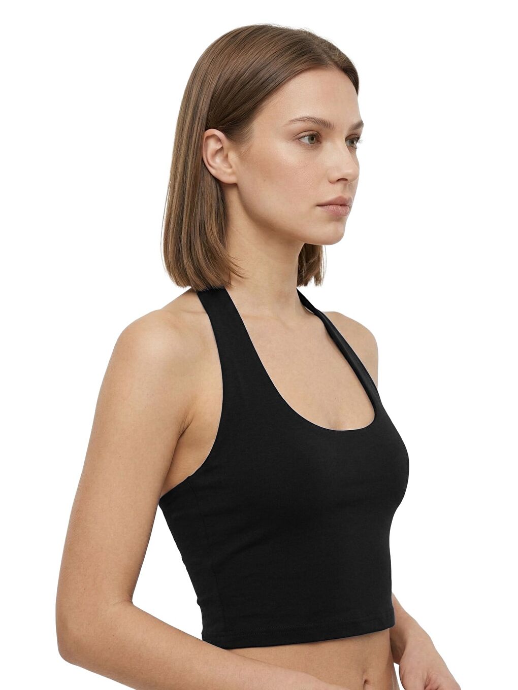 Siyah Viskon Halter Yaka Sırt Dekolteli Kadın Crop Atlet-3