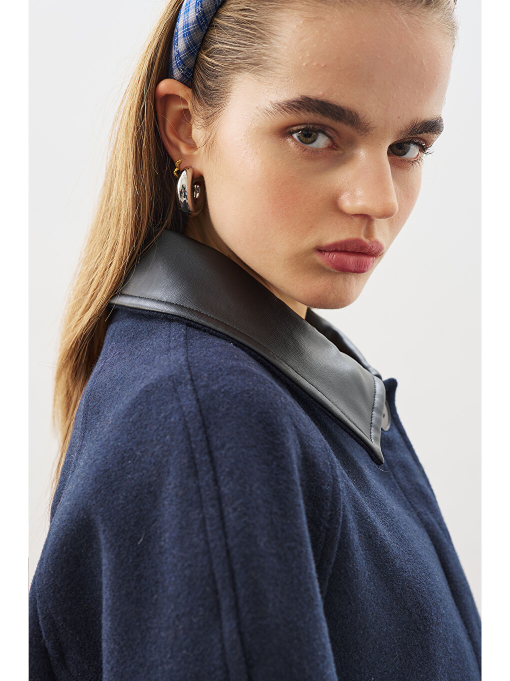 Deri Detaylı Kaşe Kaban Lacivert-5