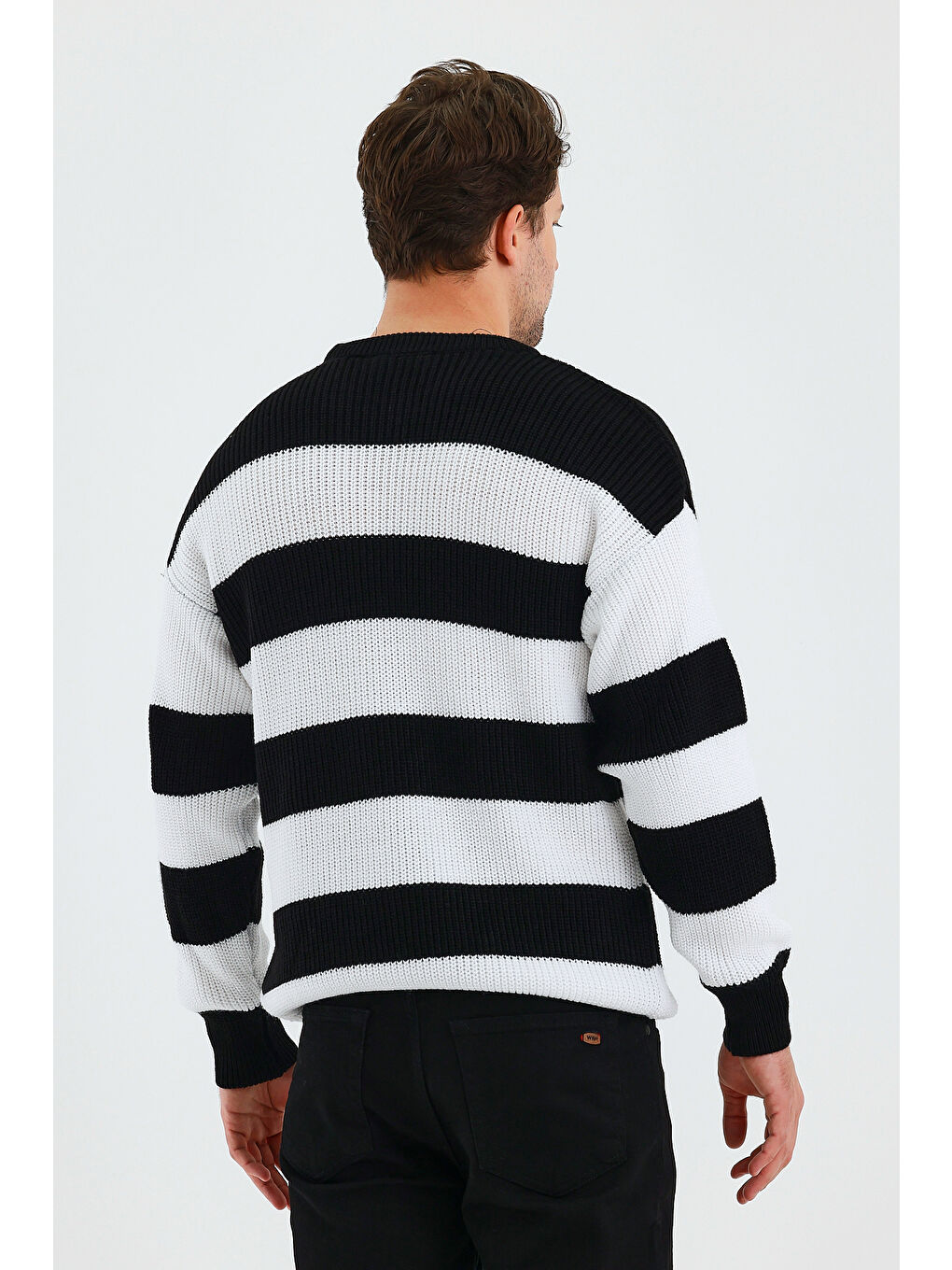 Beyaz Erkek Renk Bloklu Regular Bisiklet Yaka Triko Kazak-4