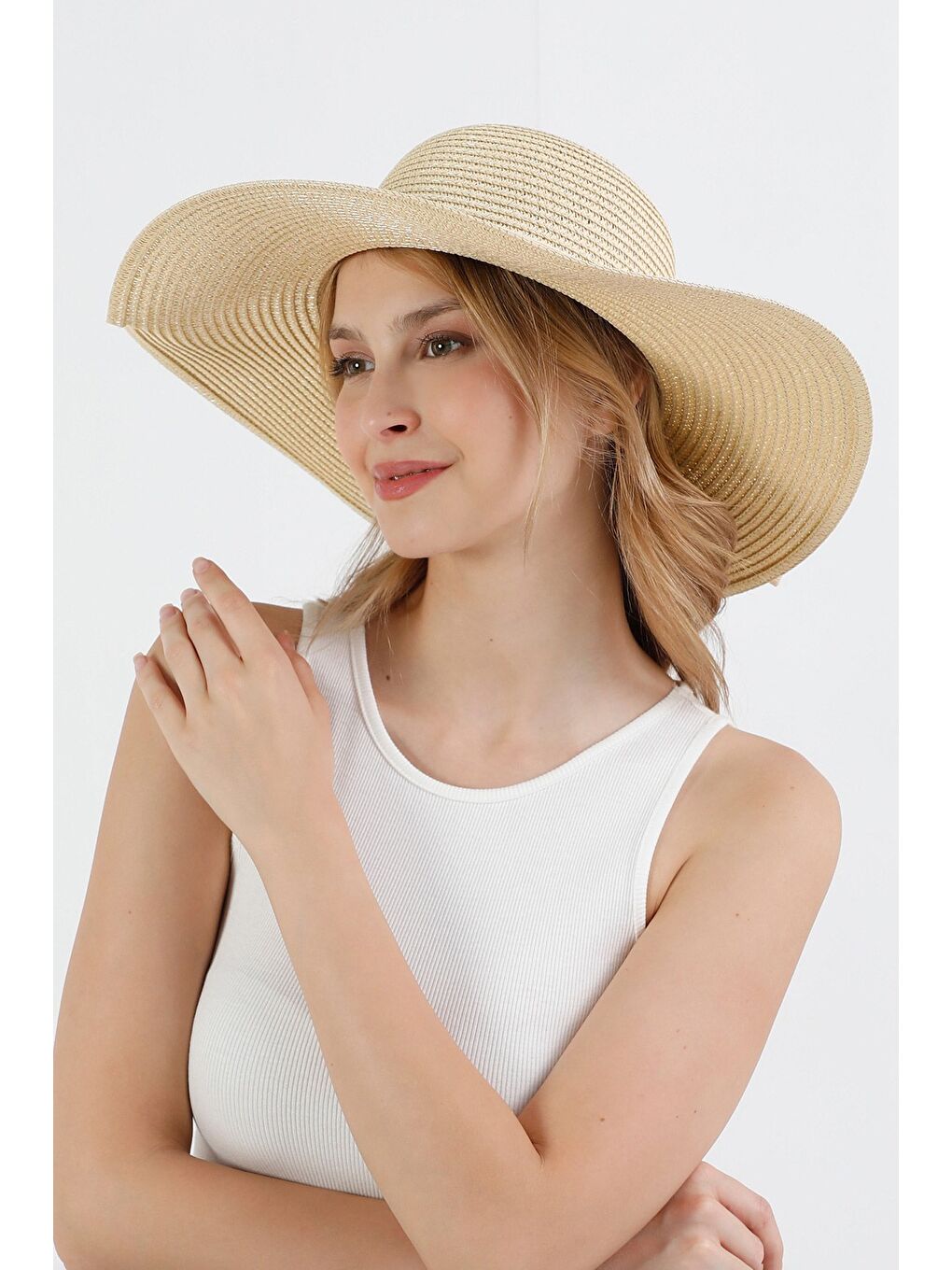 Bej Kurdeleli Hasır Şapka-1