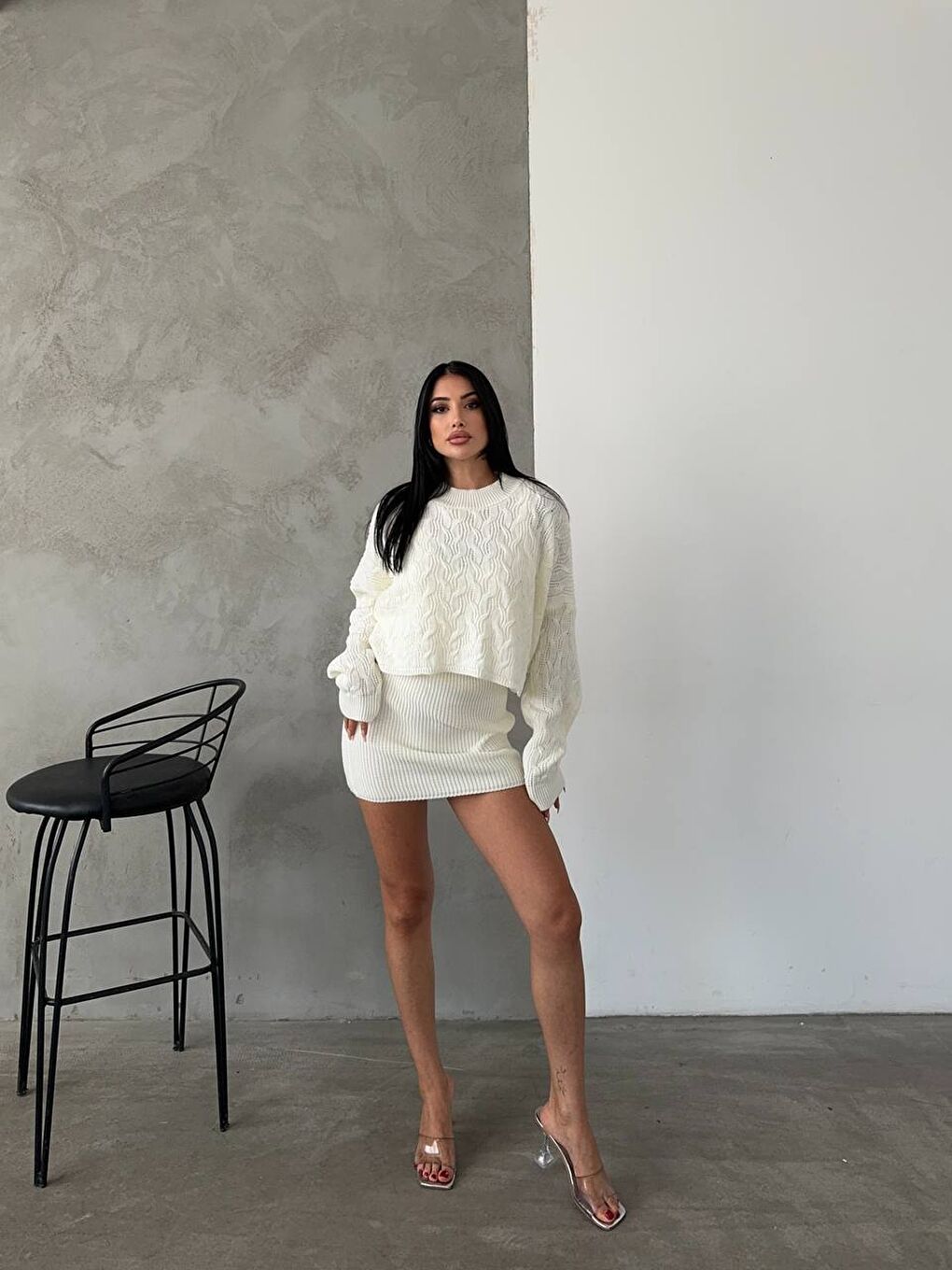 Ekru Elbise ve Kazak Triko Takım-2