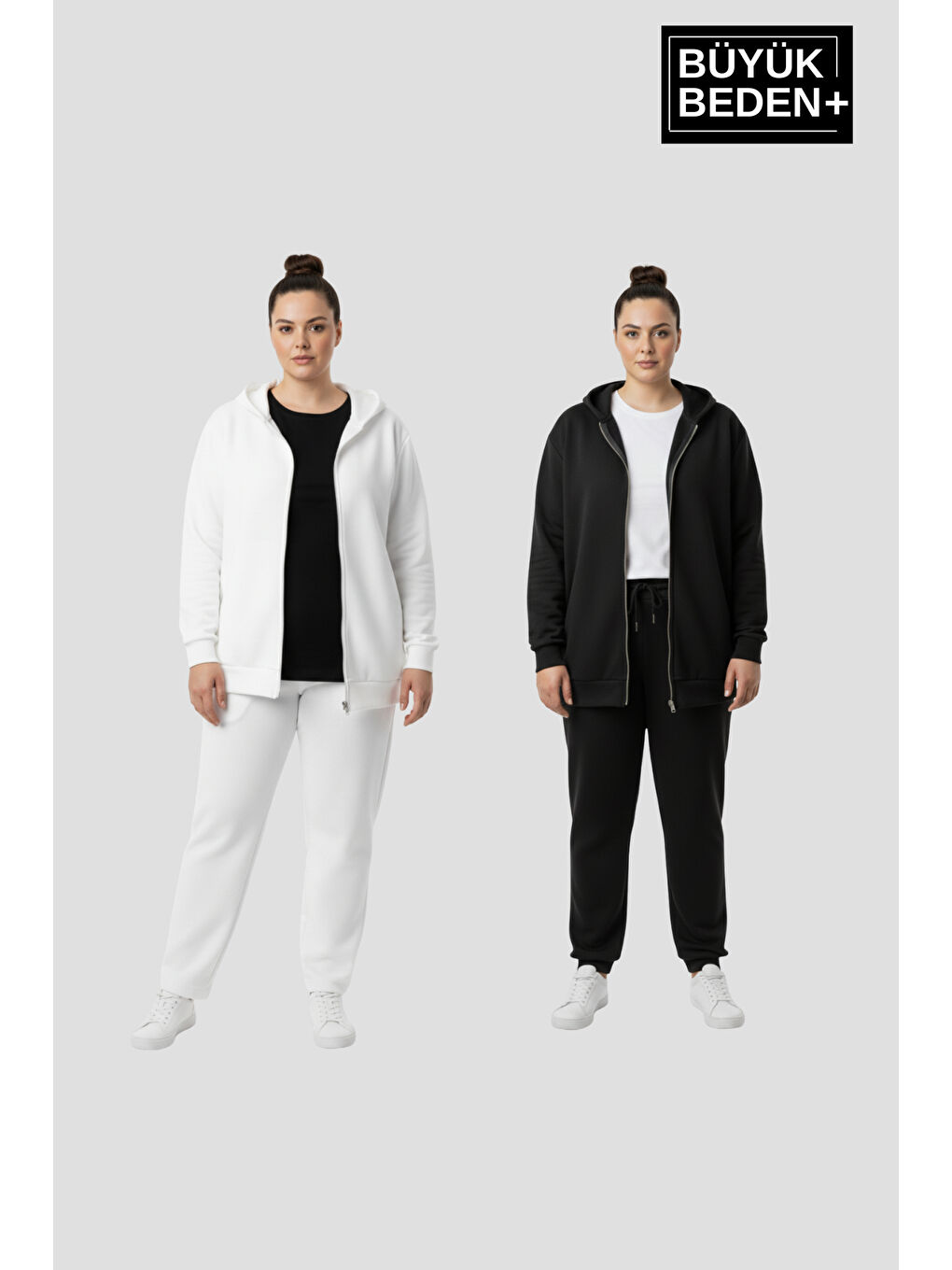 Lila Kadın Büyük Beden Fermuarlı Kapüşonlu 3'lü Set ince Sweatshirt Hırka - Rahat Kalıp SPR26BHRK960+2