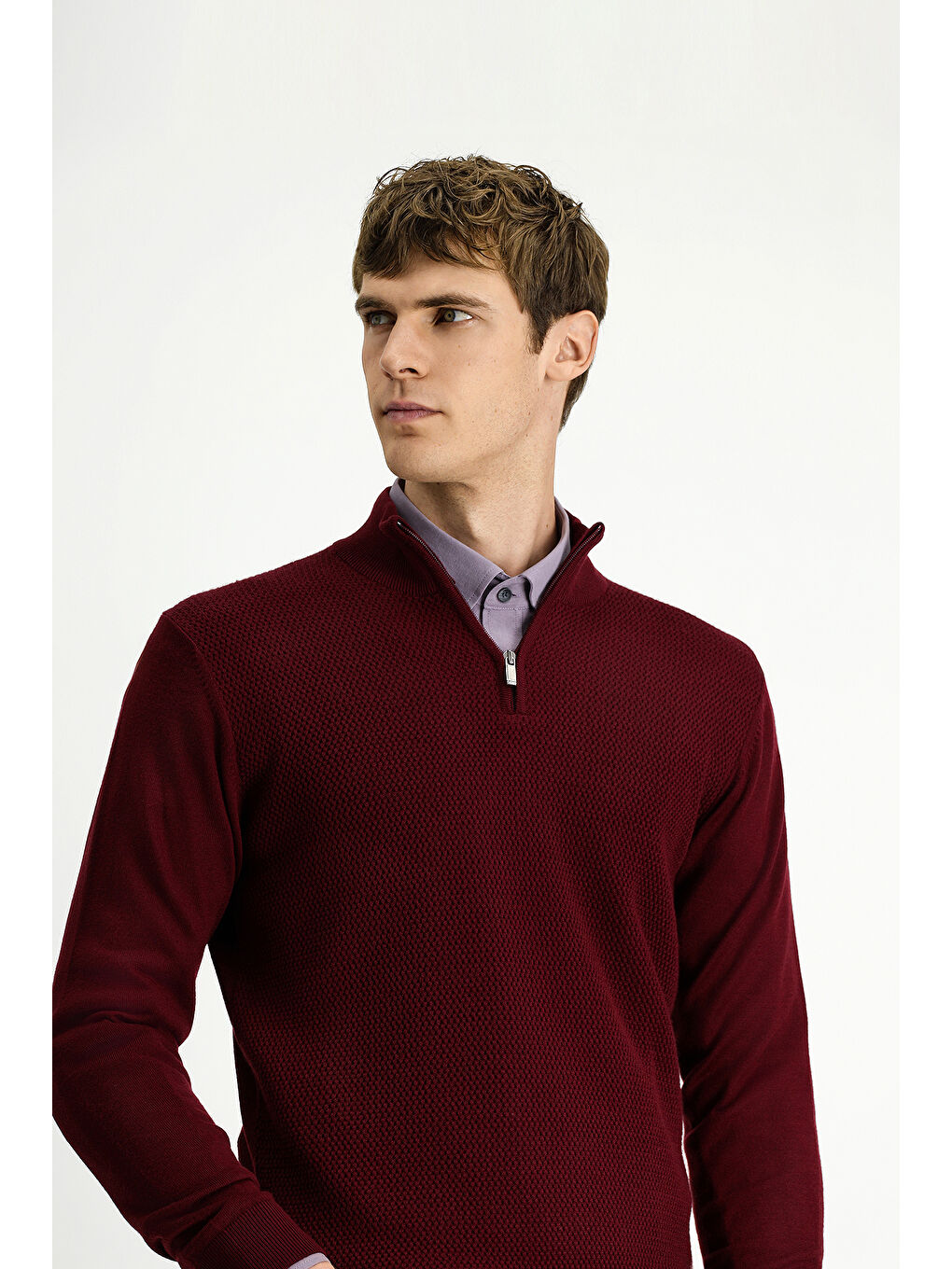 Bordo Yarım Balıkçı Yaka Regular Fit Desenli Fermuarlı Yünlü Triko Kazak