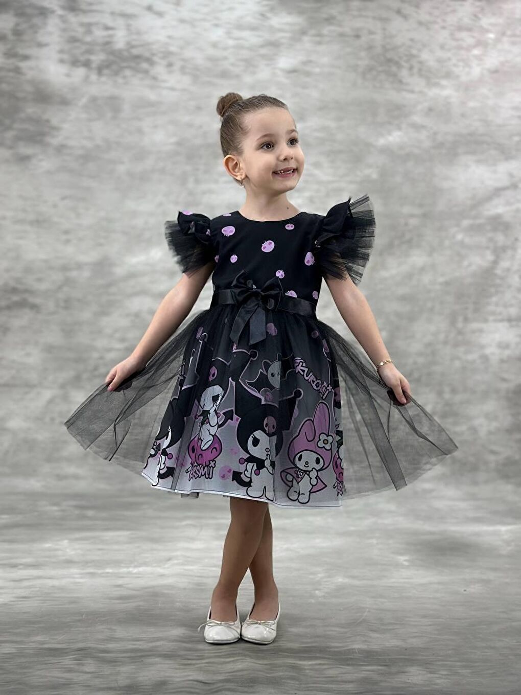 Karışık Kız Çocuk Siyah-Mor Kuromi Baskılı Tüllü Elbise - Tül Fırfır Kol, Kurdele Kuşaklı