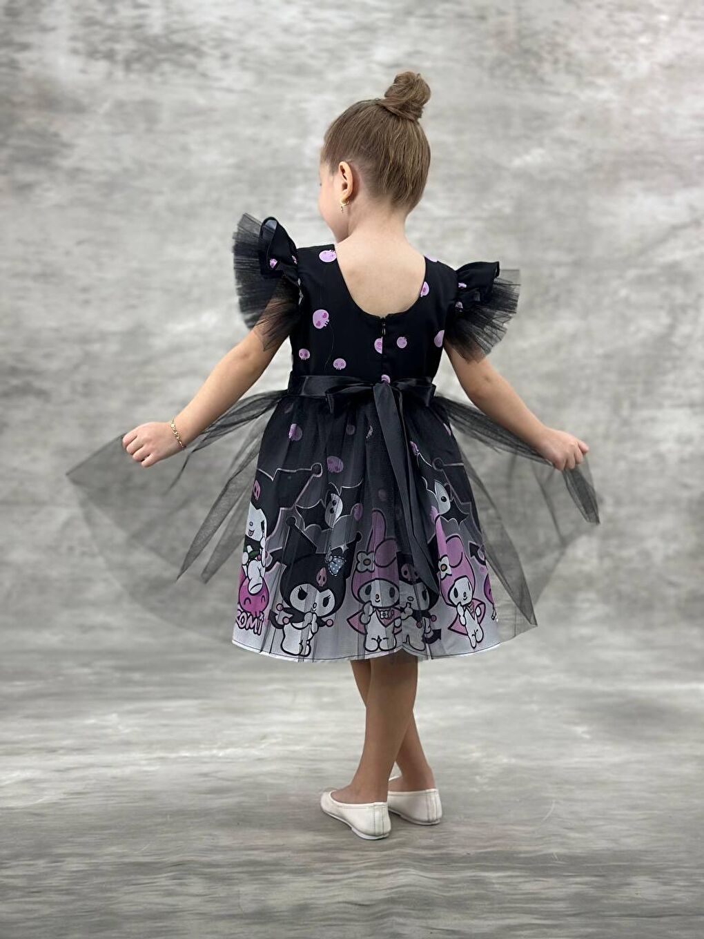 Karışık Kız Çocuk Siyah-Mor Kuromi Baskılı Tüllü Elbise - Tül Fırfır Kol, Kurdele Kuşaklı-1