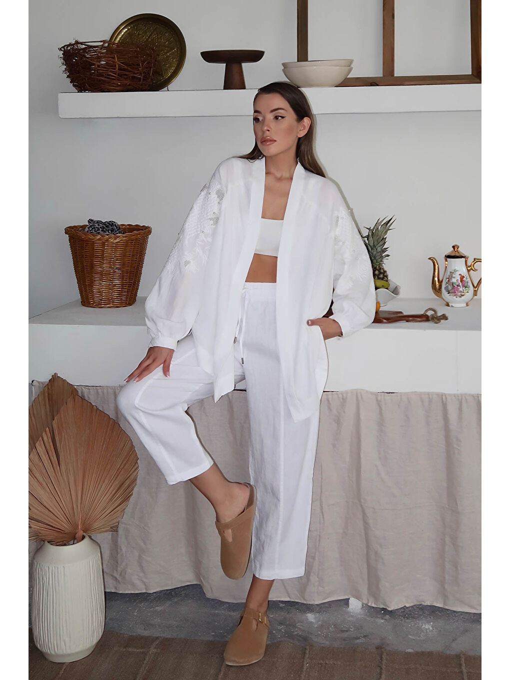 Beyaz Cepli Keten Şalvar Pantolon 6YXK5-49108-01-1