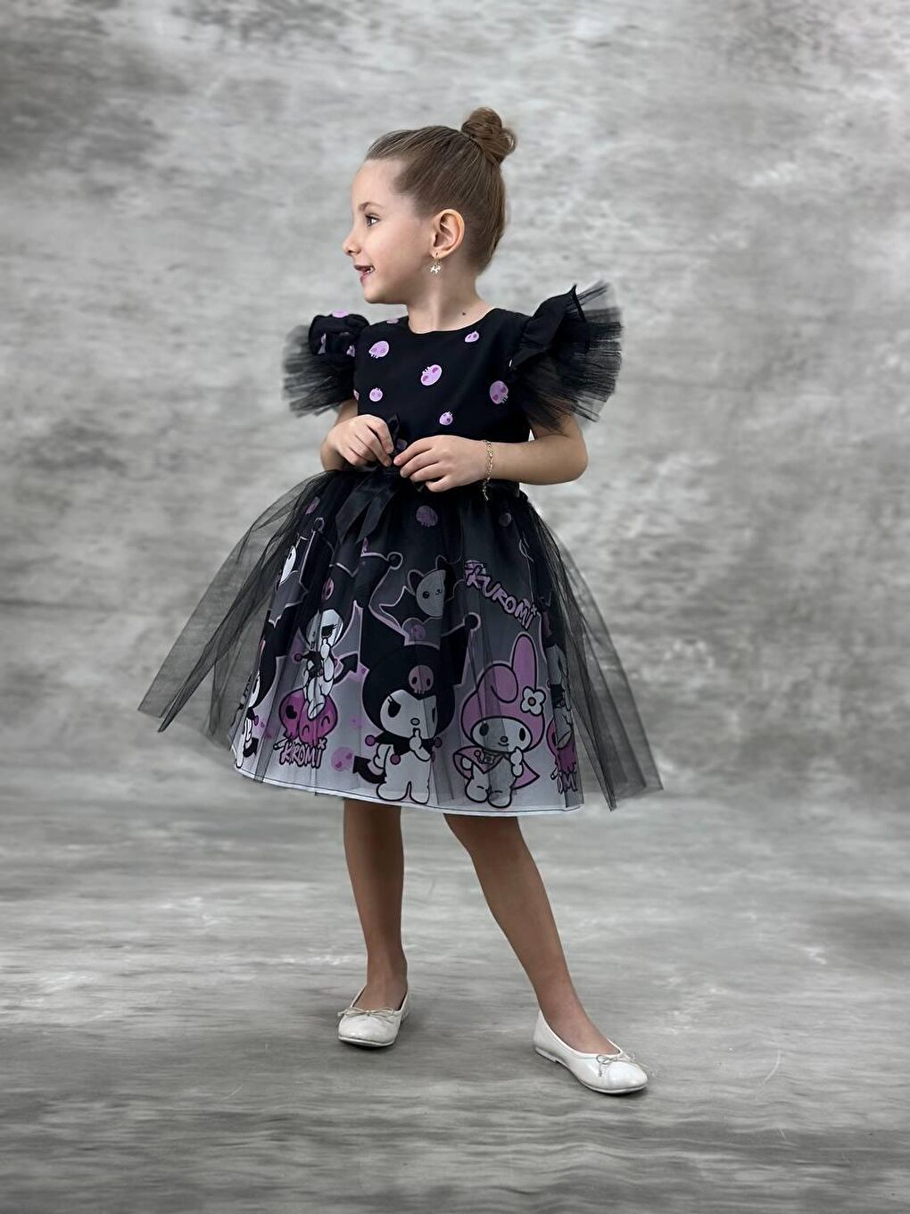 Karışık Kız Çocuk Siyah-Mor Kuromi Baskılı Tüllü Elbise - Tül Fırfır Kol, Kurdele Kuşaklı-2