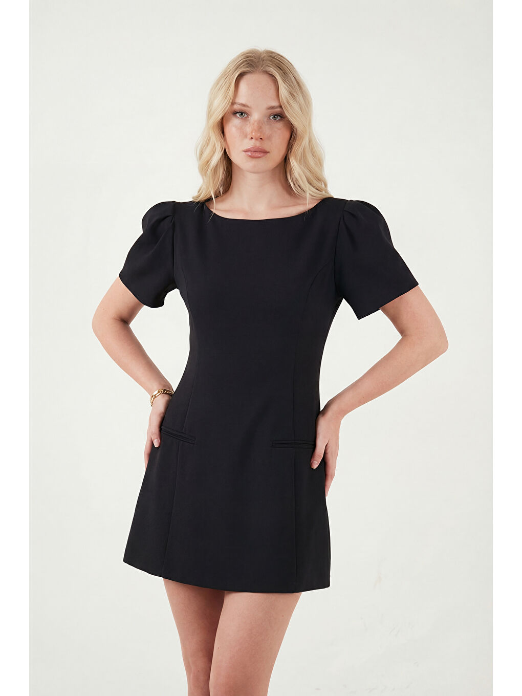 Siyah Kayık Yaka Balon Kol Mini Davet Elbise 6525735-3