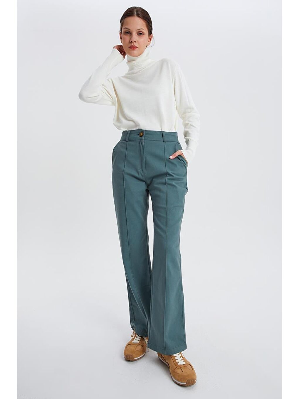 Pastel Yeşili-Çımalı Rahat Boru Paça Pantolon