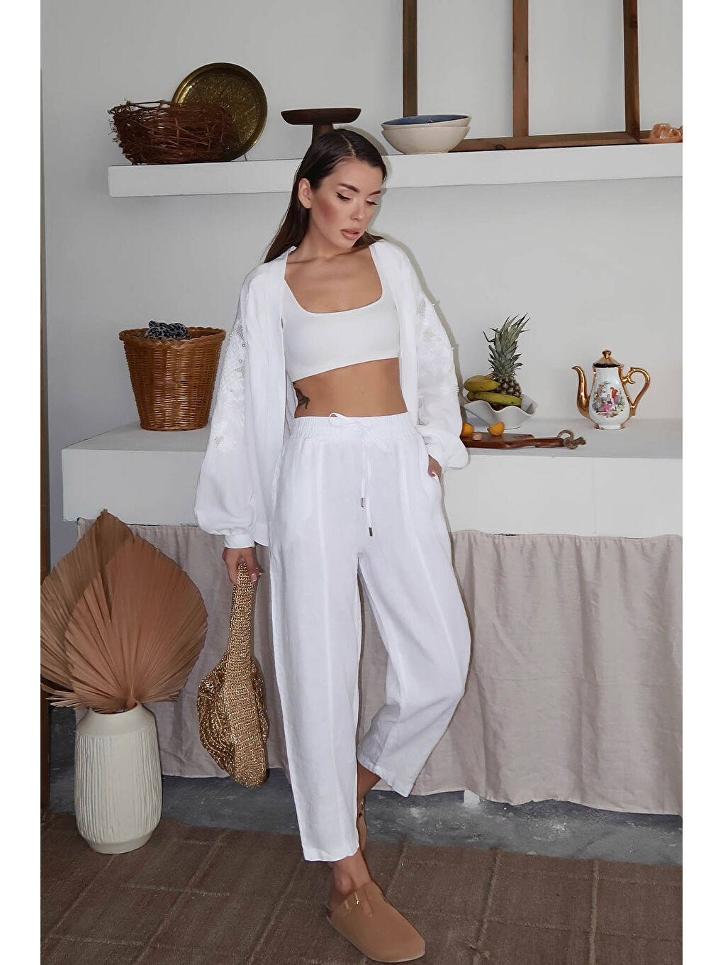 Beyaz Cepli Keten Şalvar Pantolon 6YXK5-49108-01-2