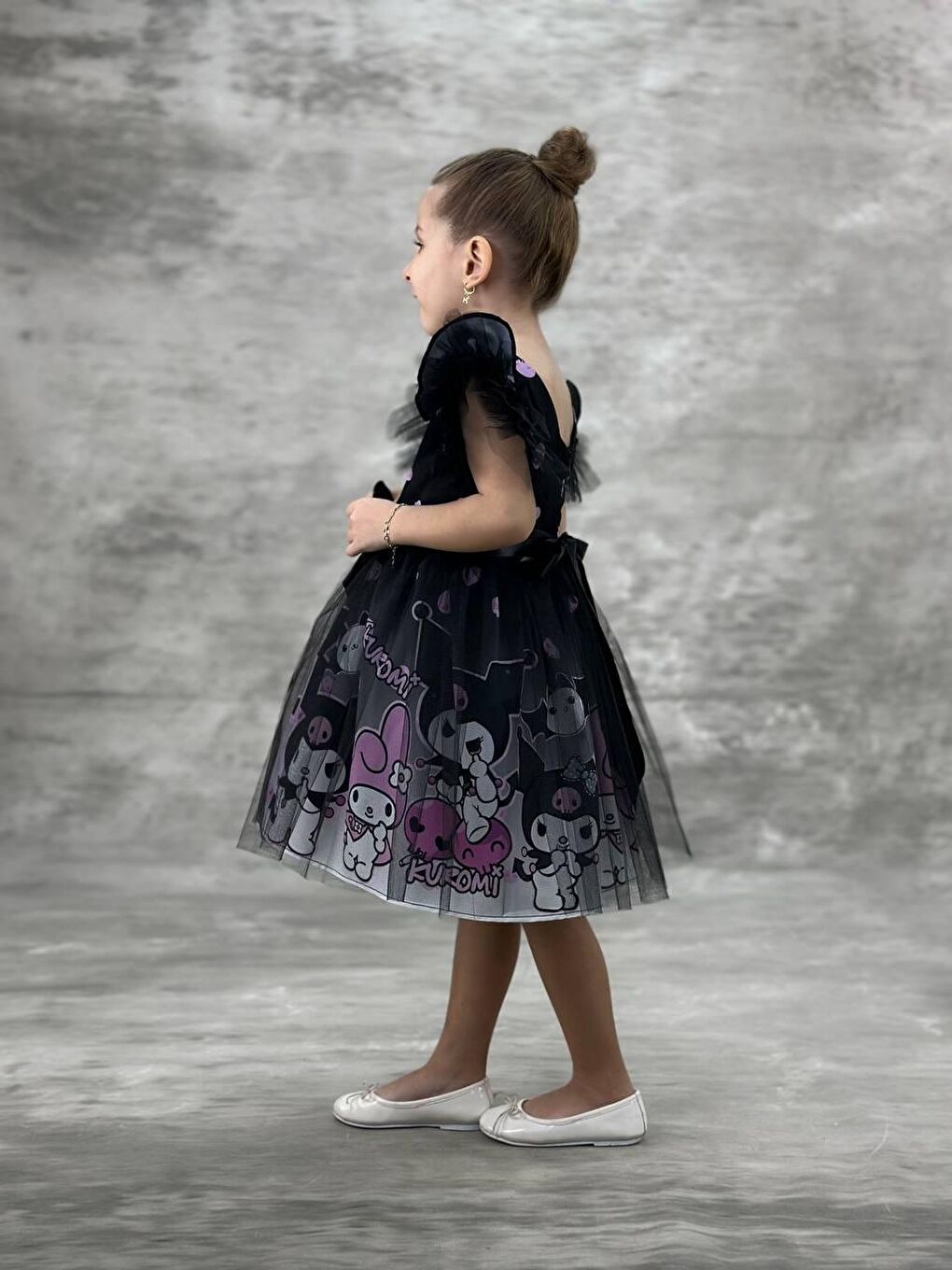 Karışık Kız Çocuk Siyah-Mor Kuromi Baskılı Tüllü Elbise - Tül Fırfır Kol, Kurdele Kuşaklı-3