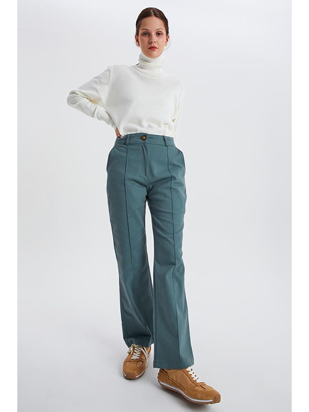 Pastel Yeşili-Çımalı Rahat Boru Paça Pantolon-1