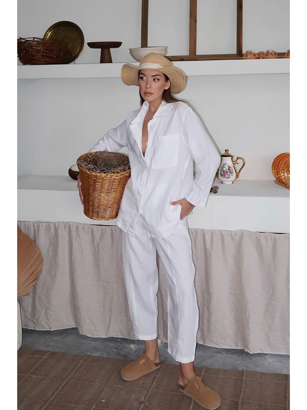 Beyaz Cepli Keten Şalvar Pantolon 6YXK5-49108-01-3