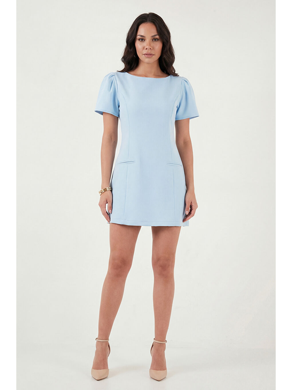 Mavi Kayık Yaka Balon Kol Mini Davet Elbise 6525735-1