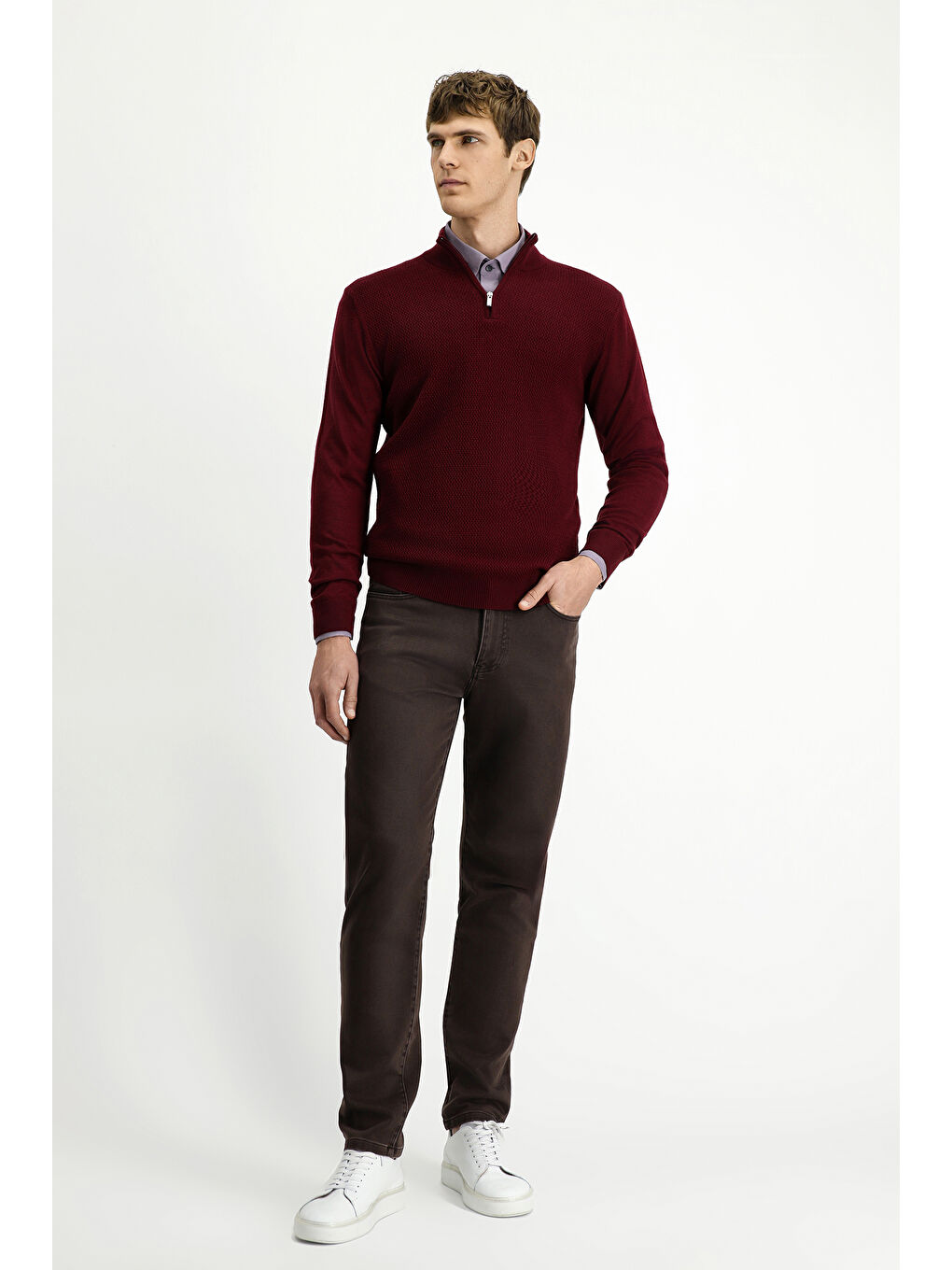Bordo Yarım Balıkçı Yaka Regular Fit Desenli Fermuarlı Yünlü Triko Kazak-1