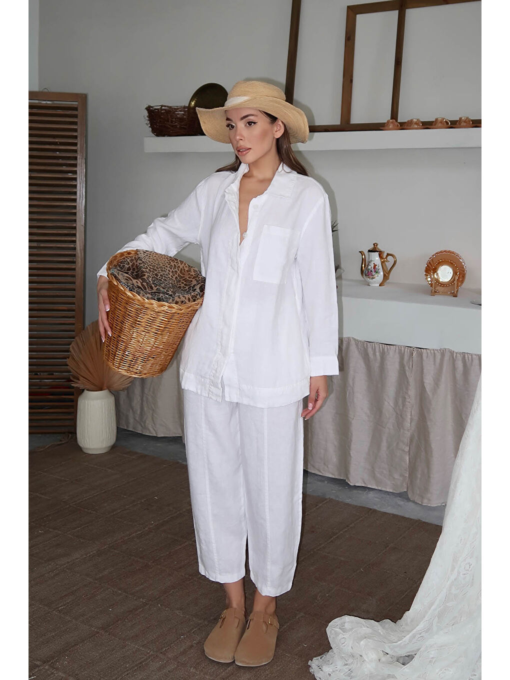 Beyaz Cepli Keten Şalvar Pantolon 6YXK5-49108-01-4