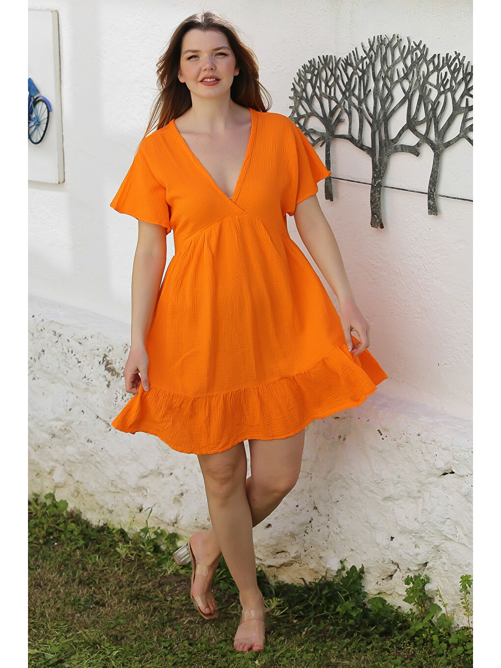 Turuncu Kruvaze Yaka Kısa Kol Yıkamalı Etek Ucu Fırfırlı Casual Müslin Dokuma Elbise 95 51-2