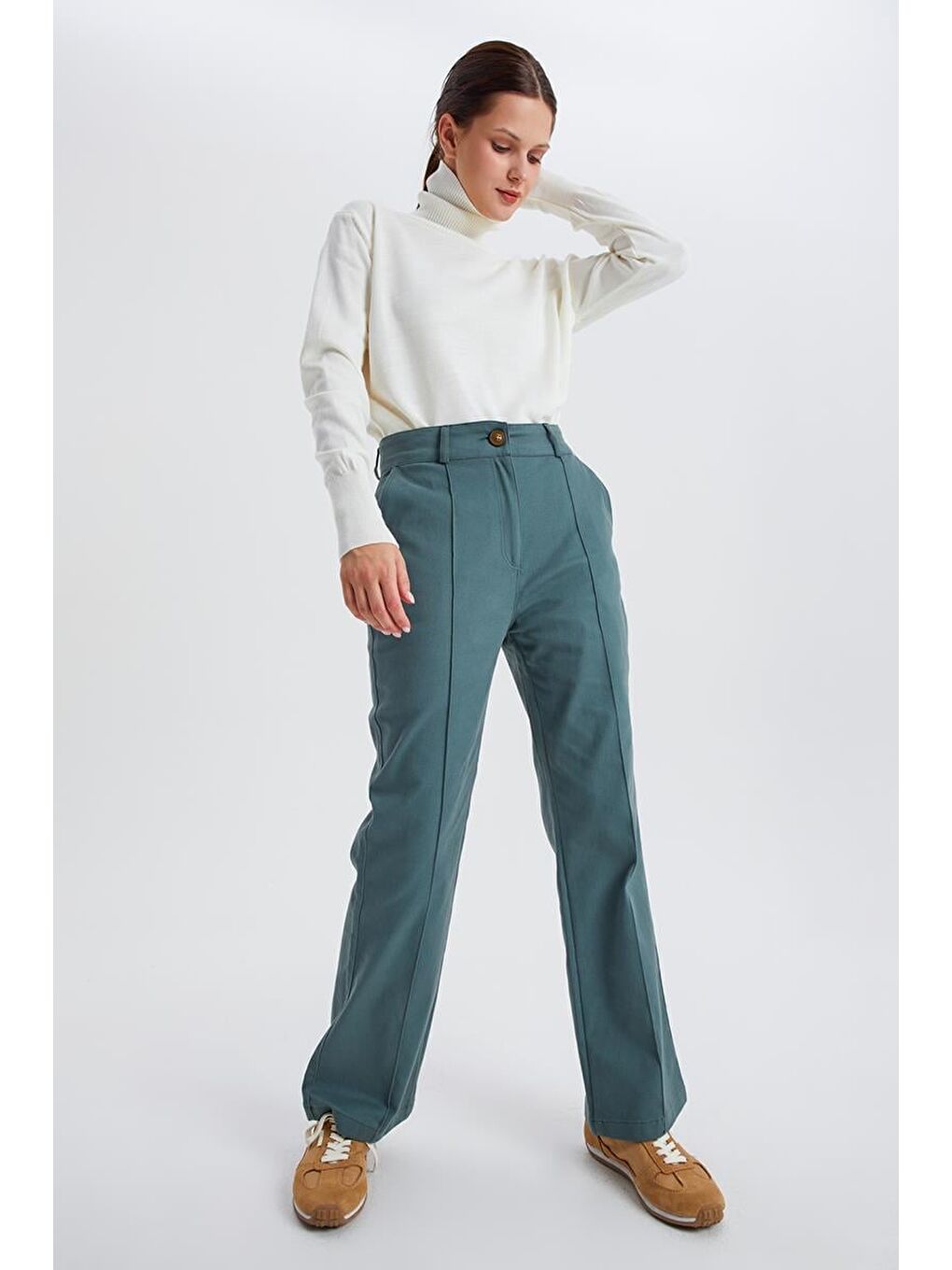 Pastel Yeşili-Çımalı Rahat Boru Paça Pantolon-3