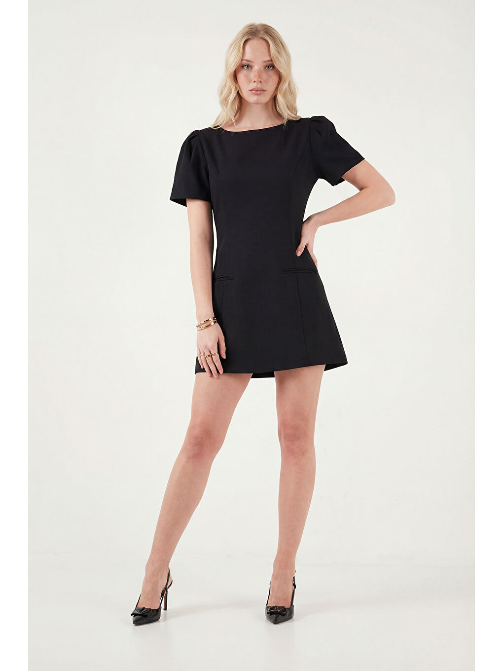 Siyah Kayık Yaka Balon Kol Mini Davet Elbise 6525735-4