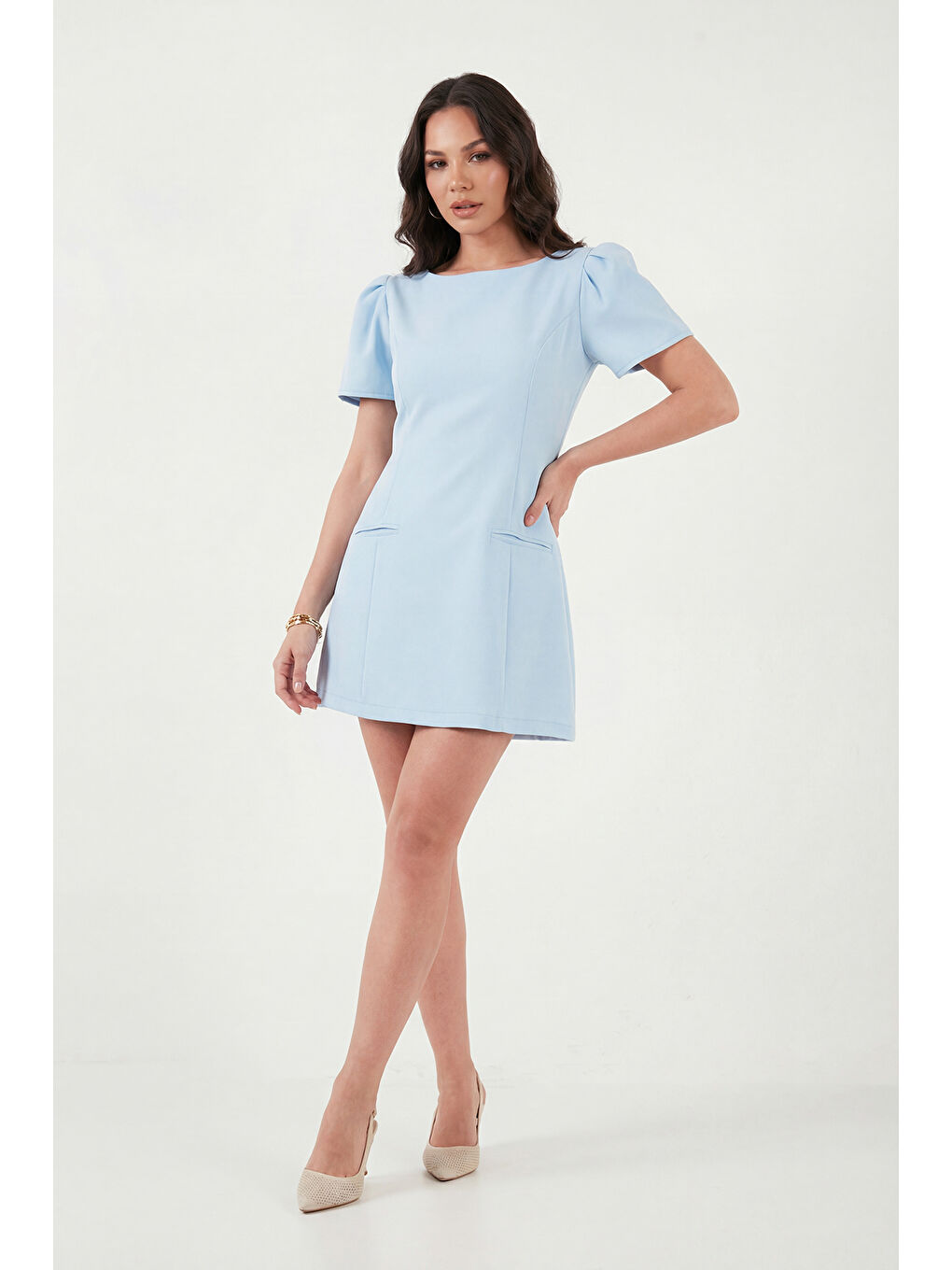 Mavi Kayık Yaka Balon Kol Mini Davet Elbise 6525735-2