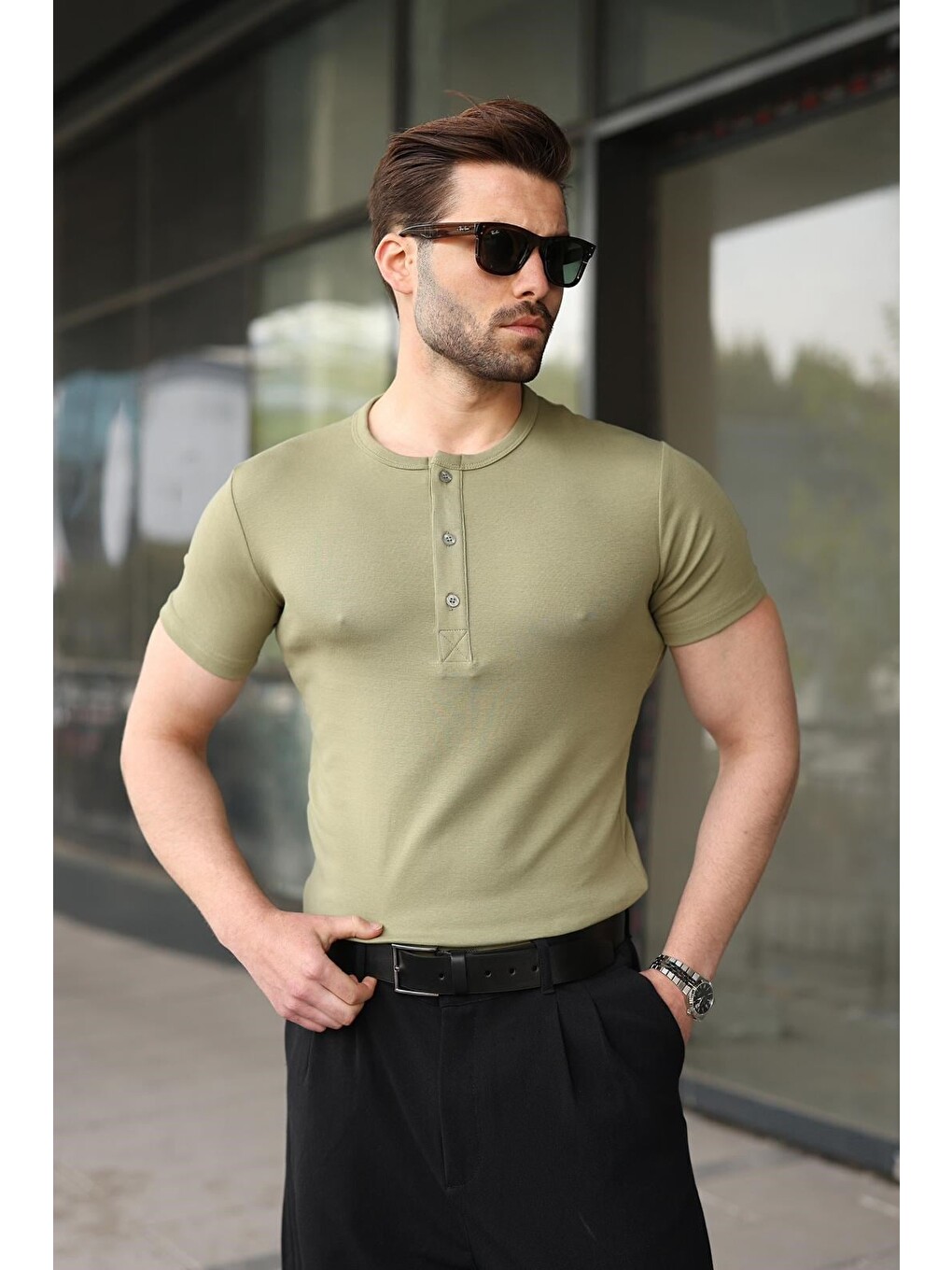 Mint Yeşili Yarım Düğmeli Slim Fit Erkek Tişört E7186