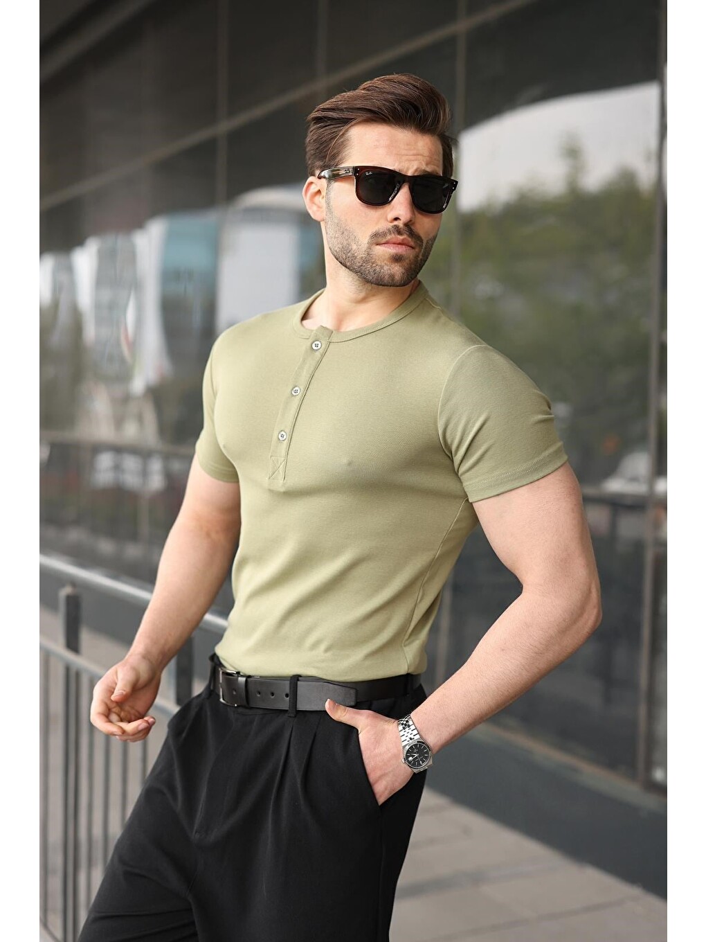 Mint Yeşili Yarım Düğmeli Slim Fit Erkek Tişört E7186-1