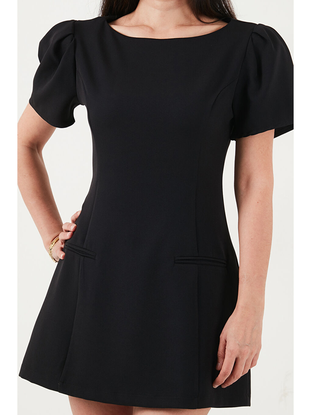 Siyah Kayık Yaka Balon Kol Mini Davet Elbise 6525735-5