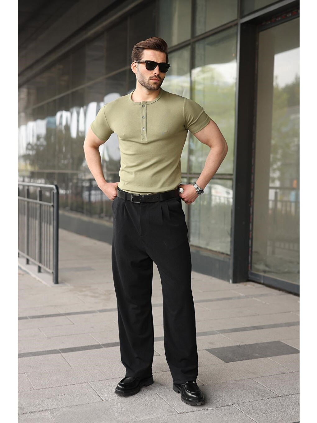 Mint Yeşili Yarım Düğmeli Slim Fit Erkek Tişört E7186-4