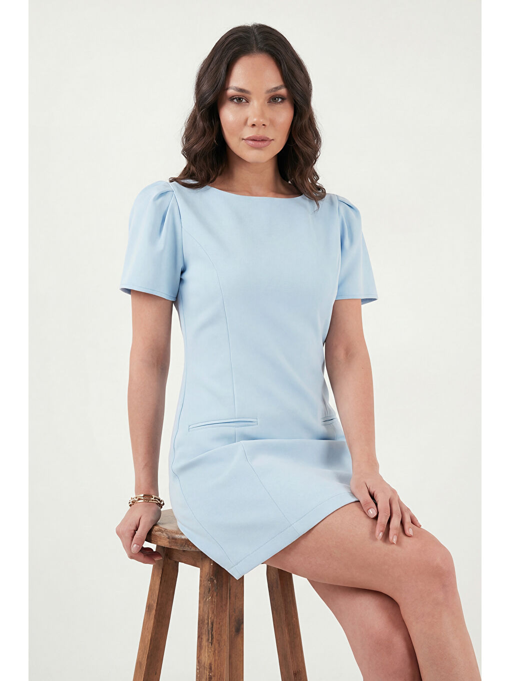 Mavi Kayık Yaka Balon Kol Mini Davet Elbise 6525735-3