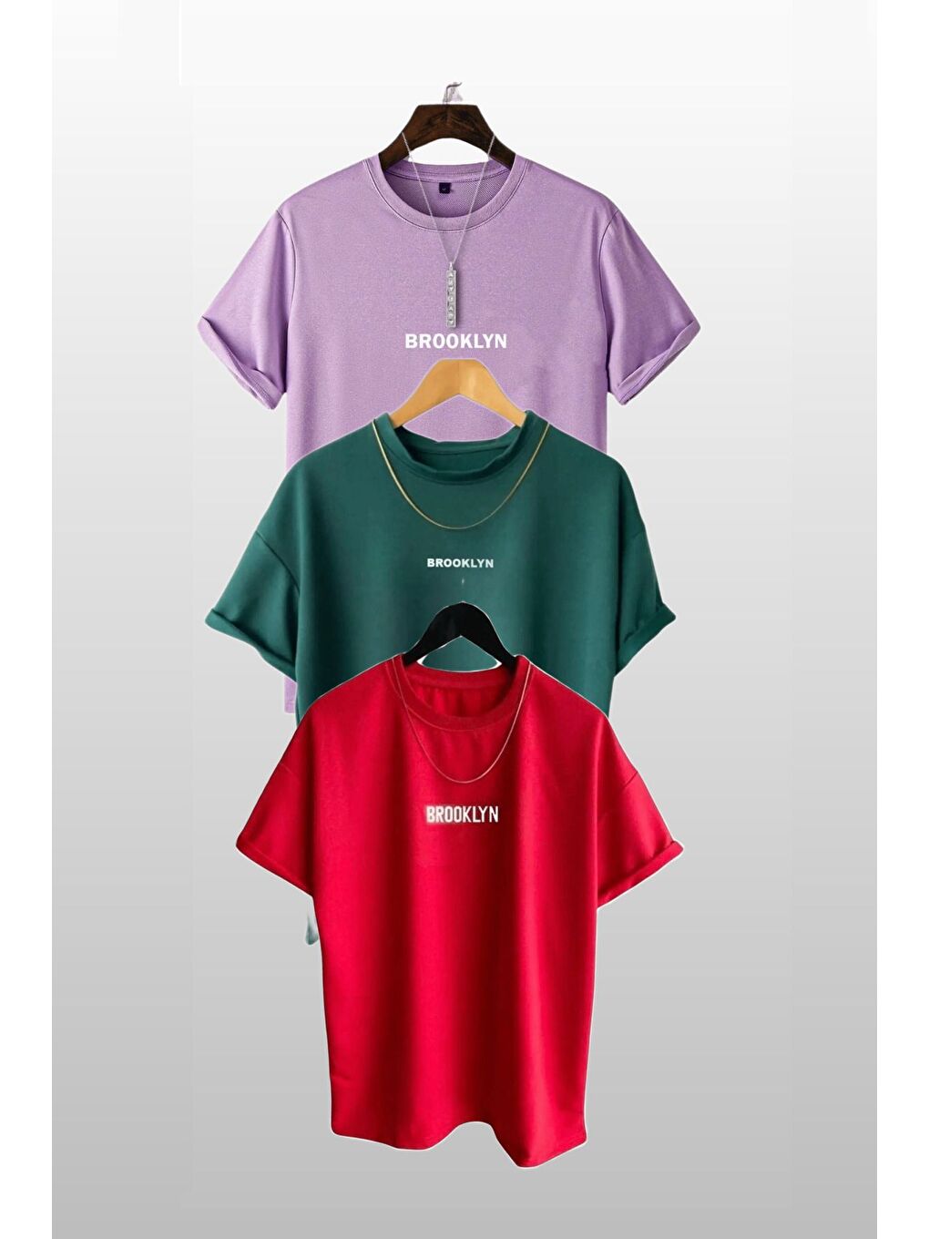Trendseninle Kadın Brooklyn Baskılı 3lü Paket Lila Nefti Yeşil Kırmızı T Shirt