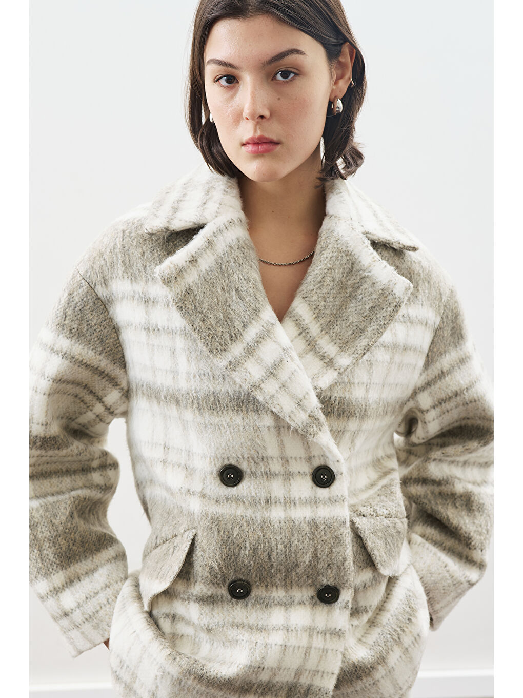 Ekose Desenli Kaşe Yünlü Kaban Bej-1