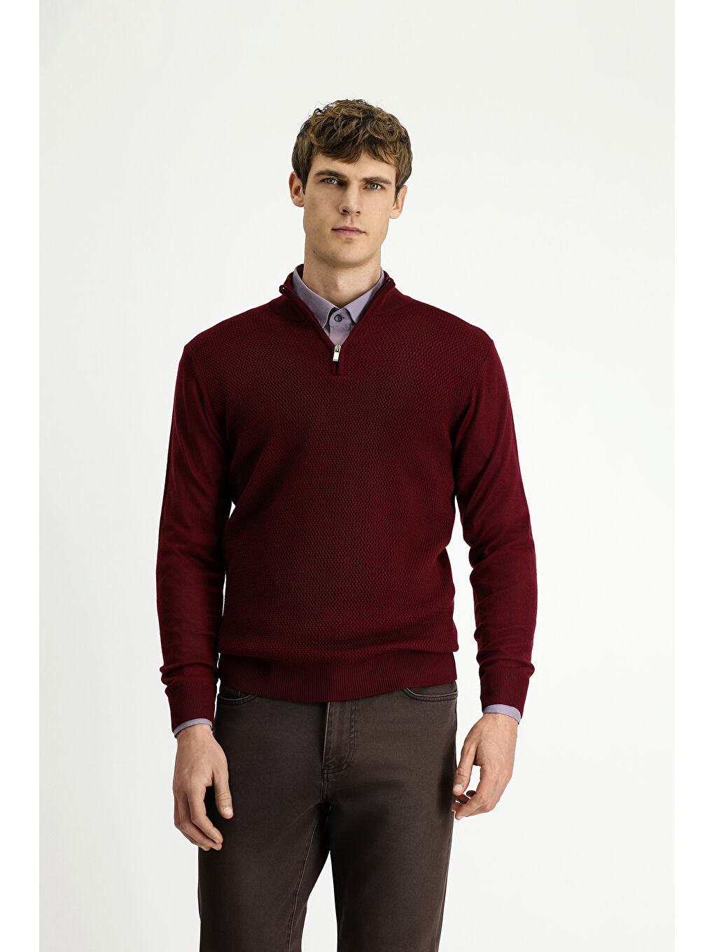 Bordo Yarım Balıkçı Yaka Regular Fit Desenli Fermuarlı Yünlü Triko Kazak-3