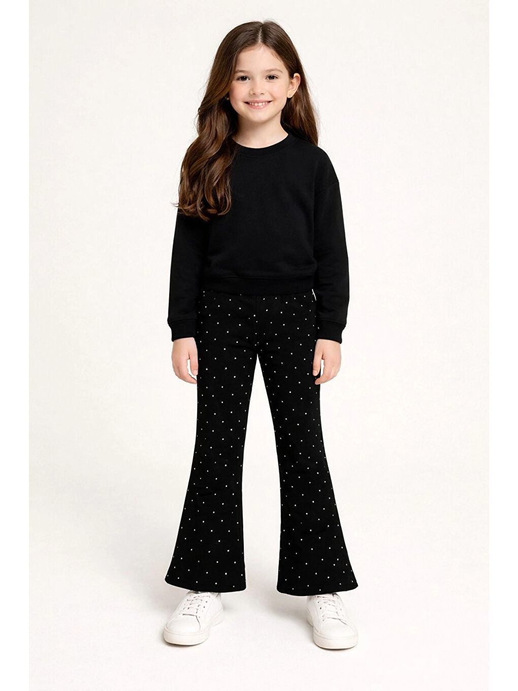 Siyah Kız Çocuk Taşlı Bol Paça Modal Pantolon 20607-2