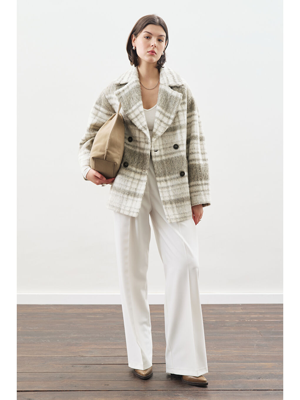 Ekose Desenli Kaşe Yünlü Kaban Bej-2