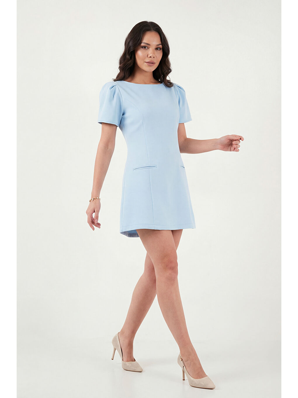 Mavi Kayık Yaka Balon Kol Mini Davet Elbise 6525735-4