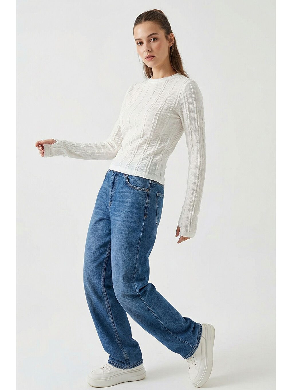 Kadın Dokulu Örme Bluz 980 - Beyaz-2