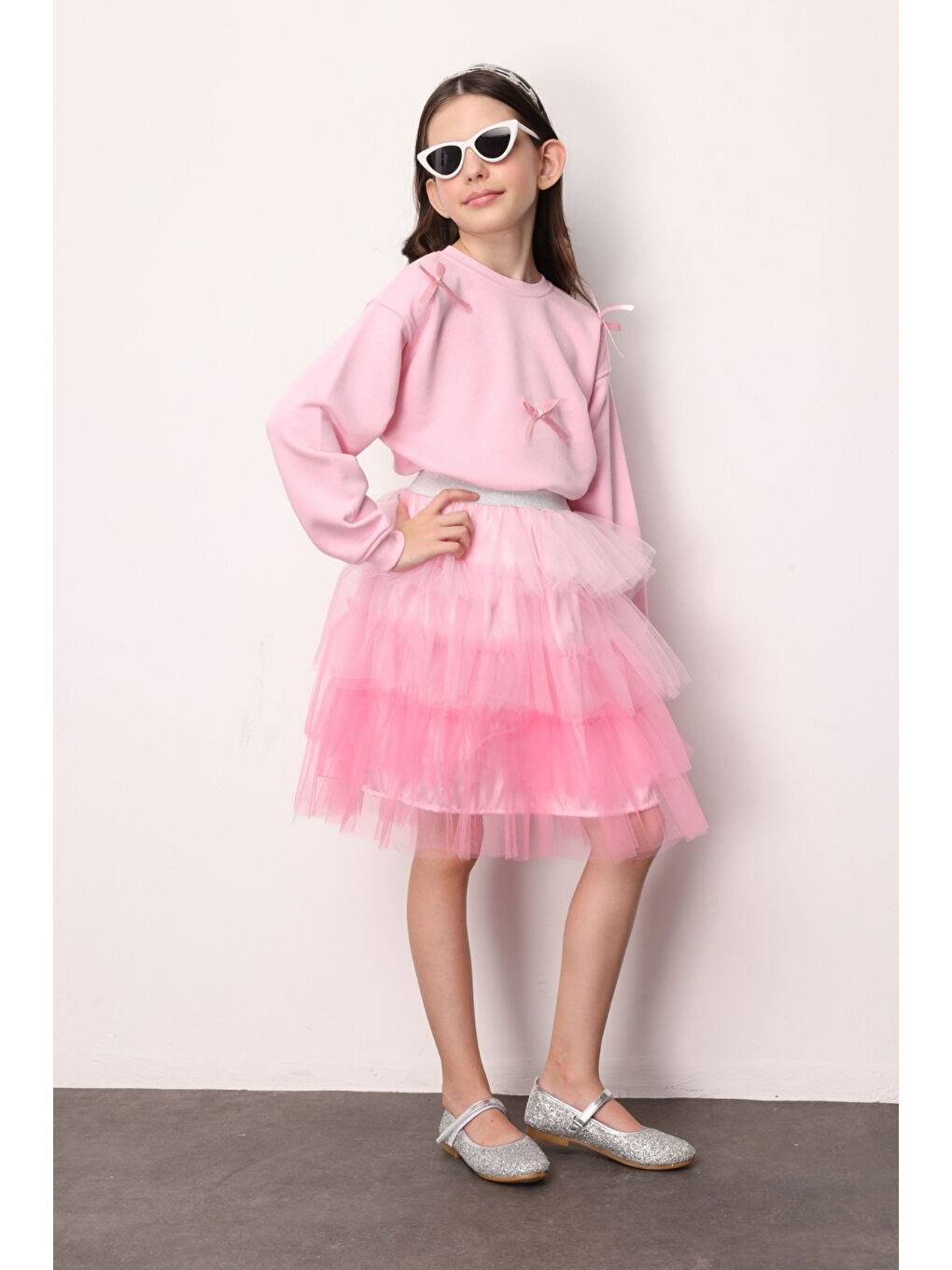 Pembe Katlı Tüllü Kız Çocuk Etek - Almira-1