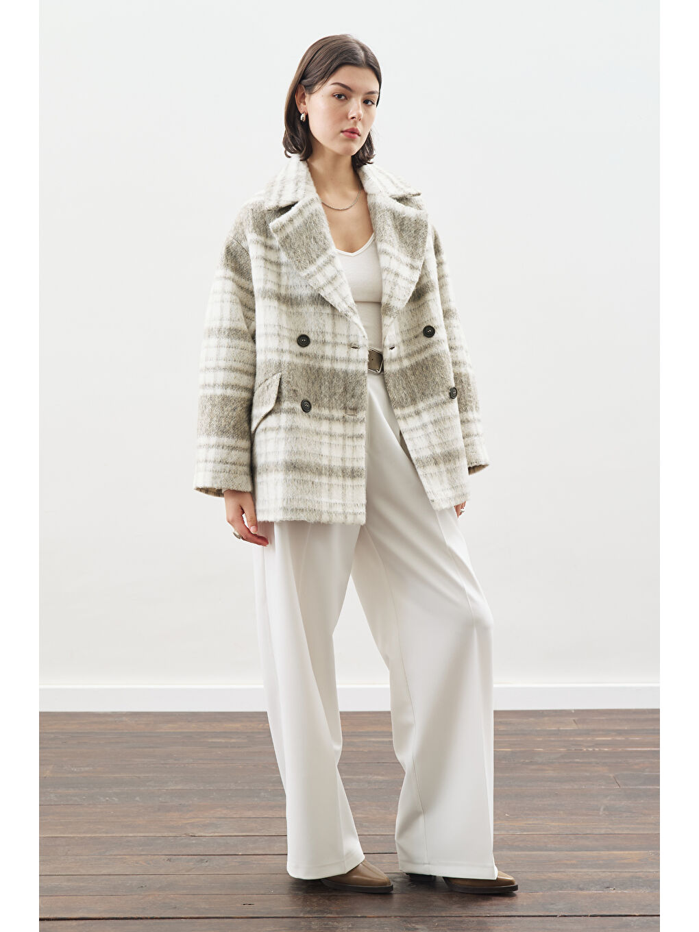 Ekose Desenli Kaşe Yünlü Kaban Bej-3