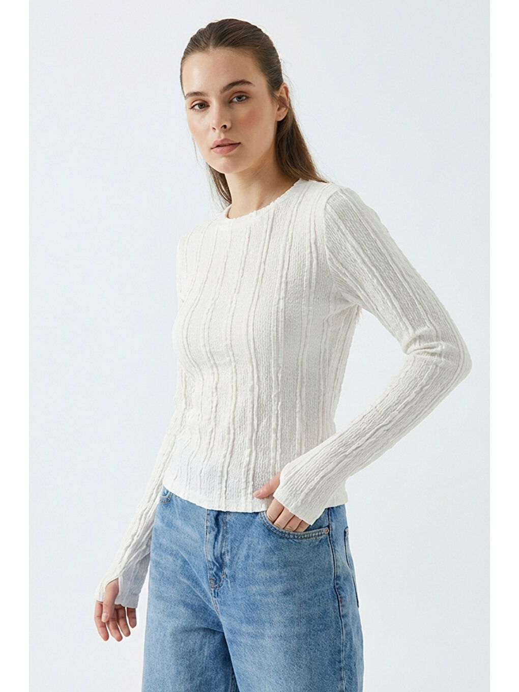Kadın Dokulu Örme Bluz 980 - Beyaz-3
