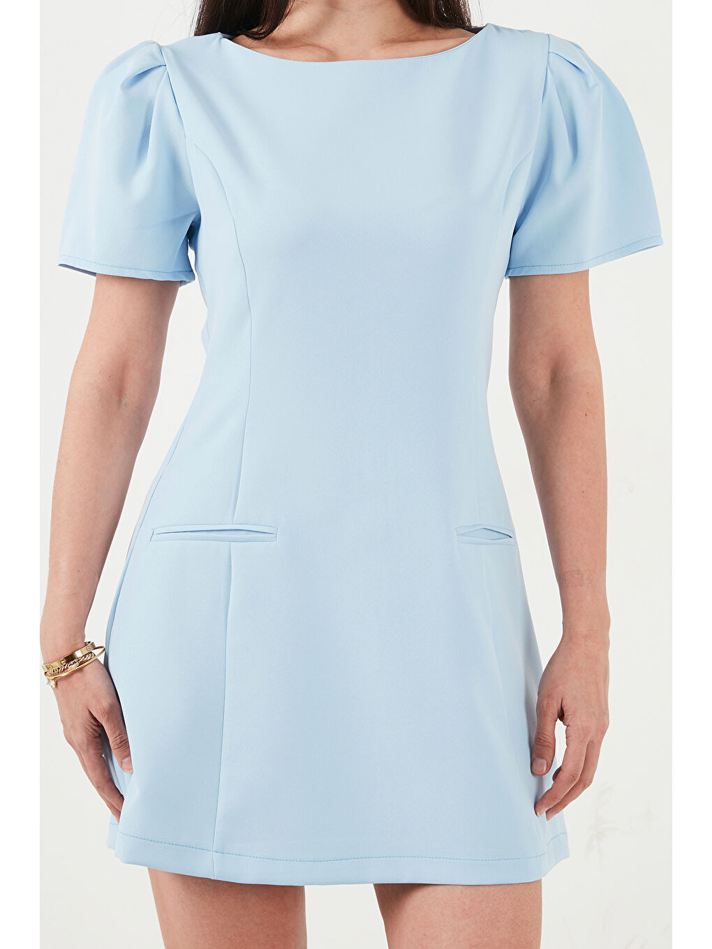 Mavi Kayık Yaka Balon Kol Mini Davet Elbise 6525735-5