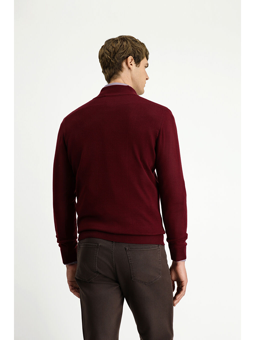 Bordo Yarım Balıkçı Yaka Regular Fit Desenli Fermuarlı Yünlü Triko Kazak-4