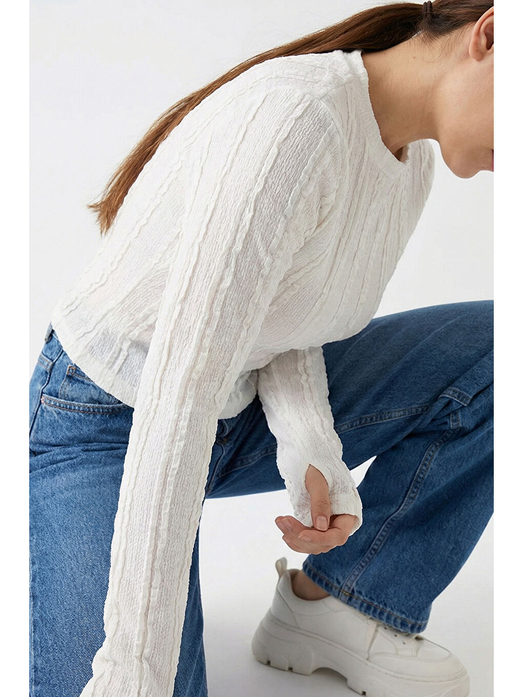 Kadın Dokulu Örme Bluz 980 - Beyaz-4