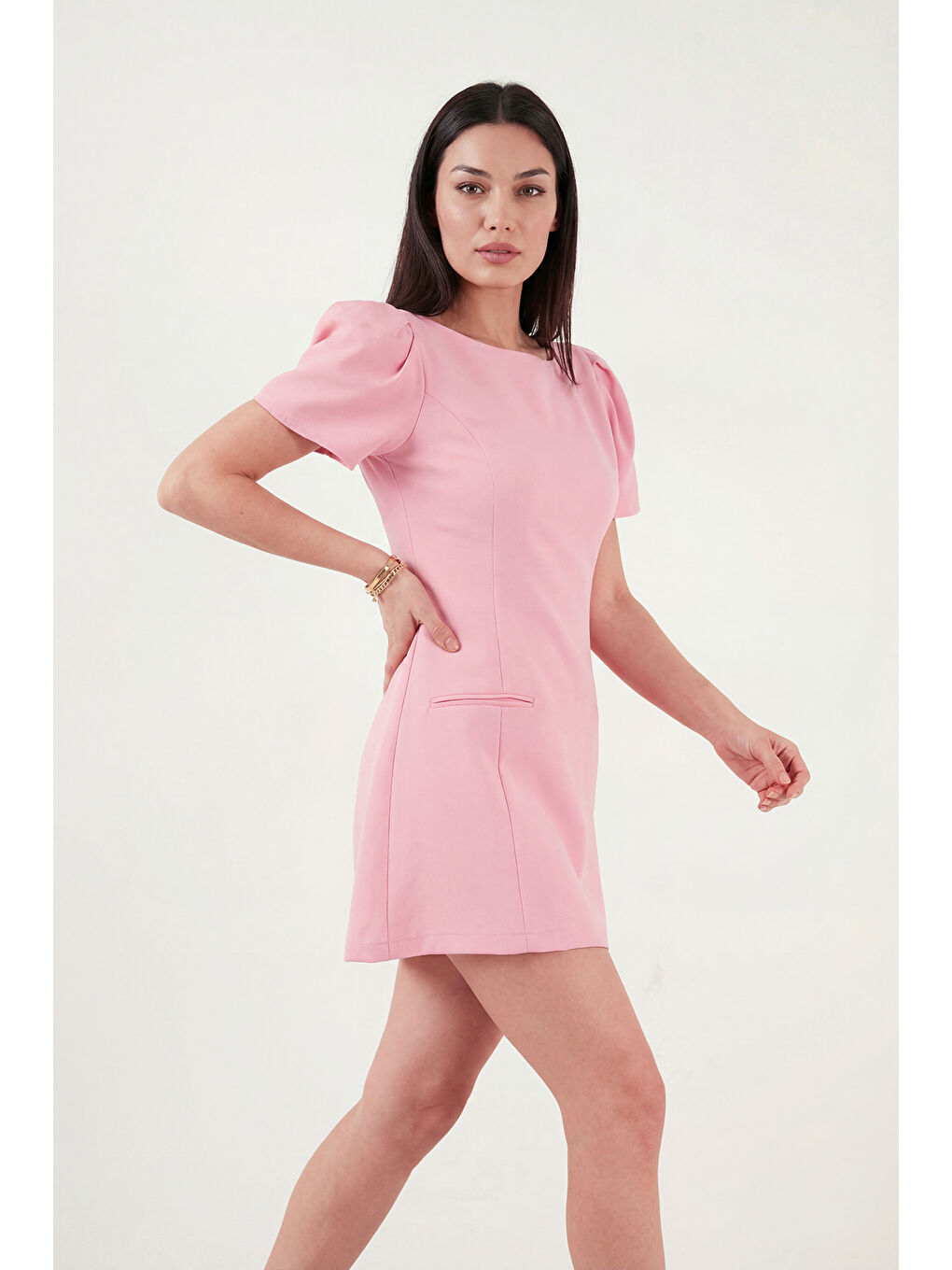 Pembe Kayık Yaka Balon Kol Mini Davet Elbise 6525735-1