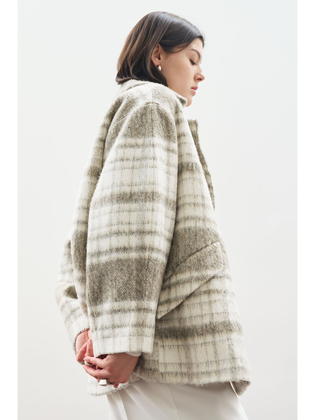 Ekose Desenli Kaşe Yünlü Kaban Bej-4