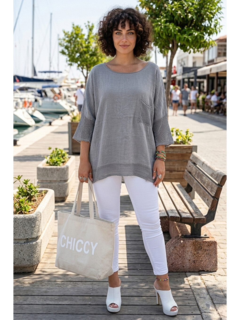 Gri Bisiklet Yaka 3/4 Kol, Kol Ve Etek Ucu File Detaylı Casual Müslin Oversize Dokuma Bluz 60 65-2