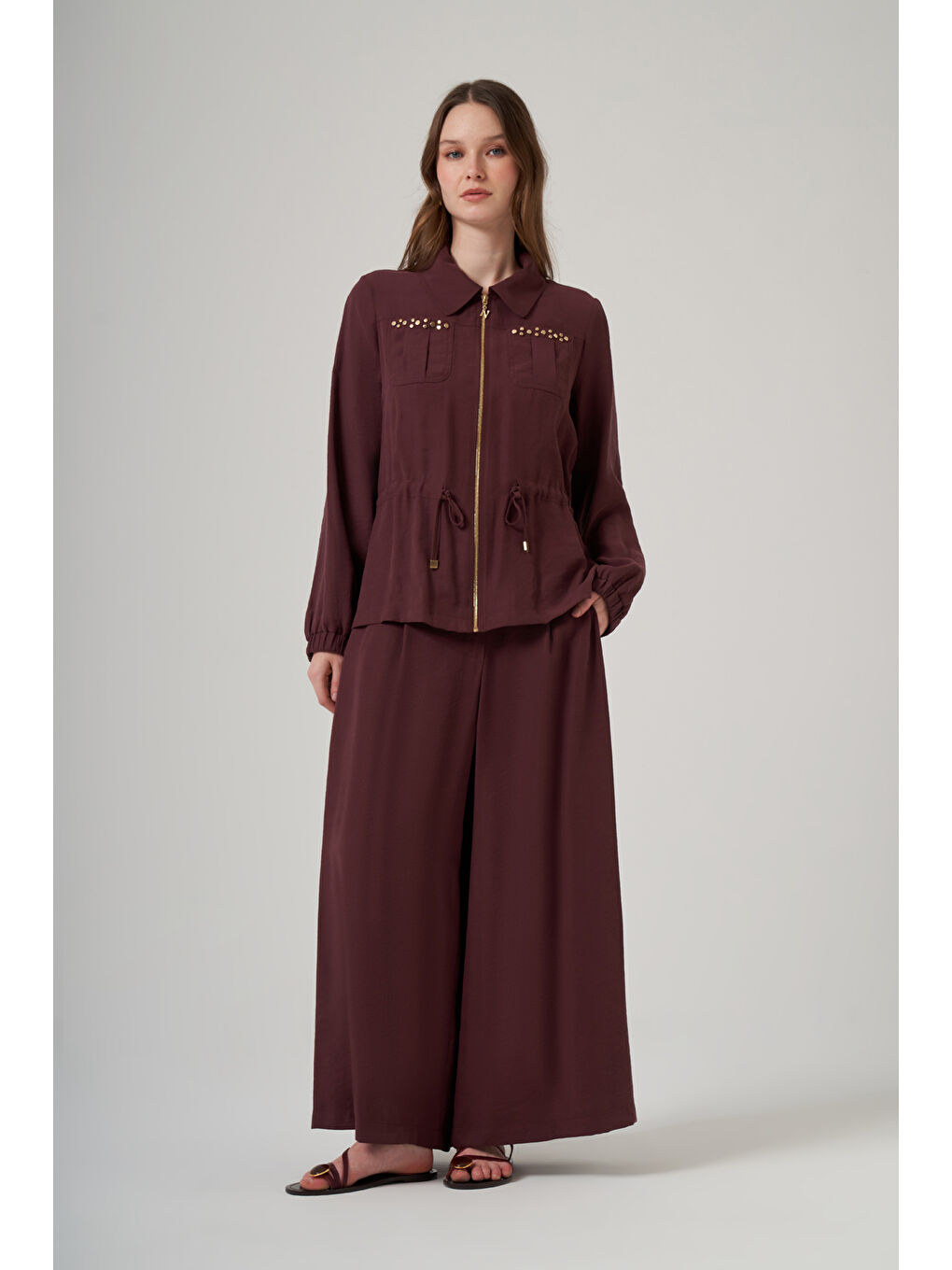 Zımba Detay Ceket Pantolon Etekli Takım 1049 Bordo-2