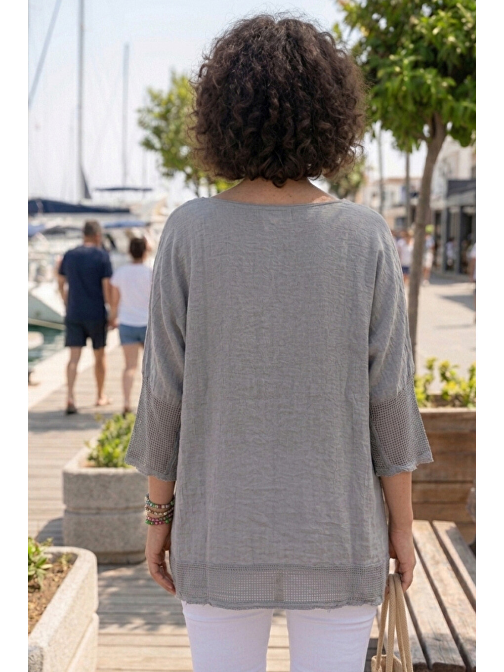 Gri Bisiklet Yaka 3/4 Kol, Kol Ve Etek Ucu File Detaylı Casual Müslin Oversize Dokuma Bluz 60 65-3