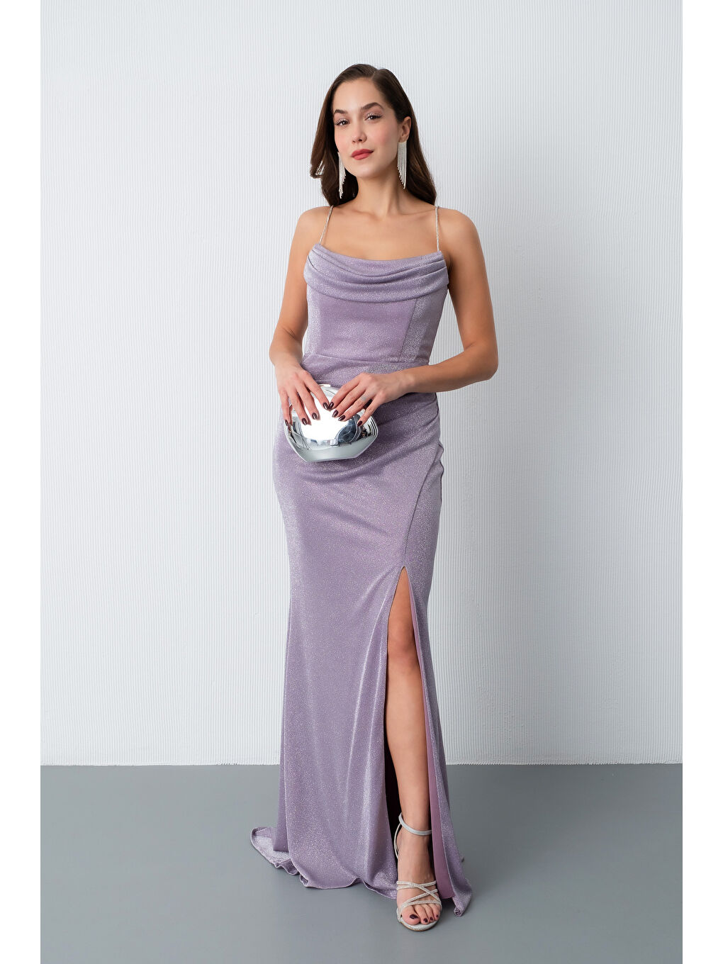 Lila Kadın Lavanta Askılı Simli Örme Abiye Elbise-1