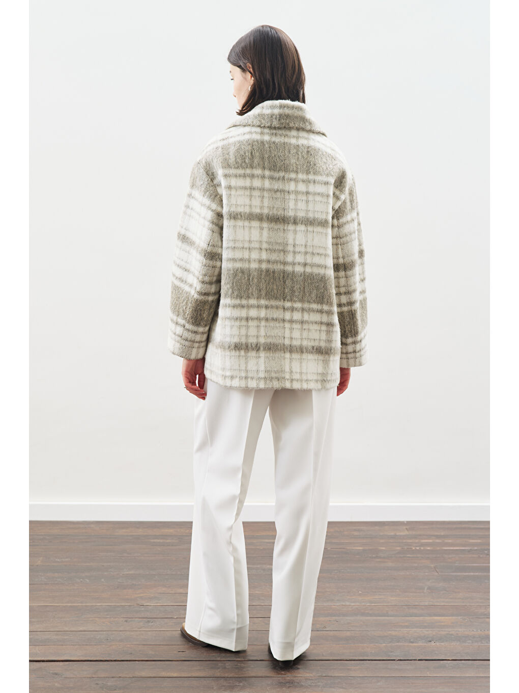 Ekose Desenli Kaşe Yünlü Kaban Bej-5