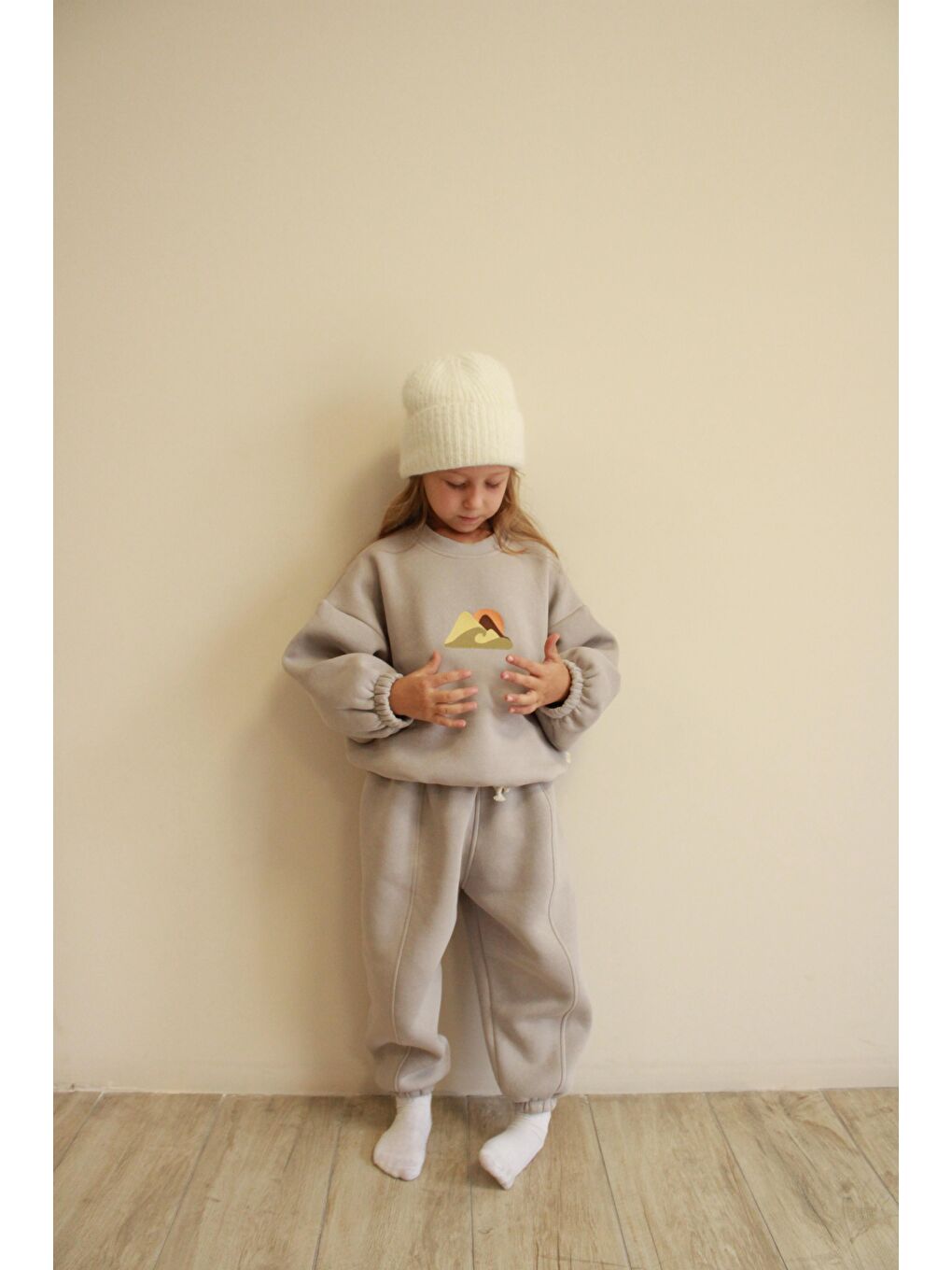 Bej Taş Rengi Dağ Nakışlı Çocuk Alt Üst Takım-4